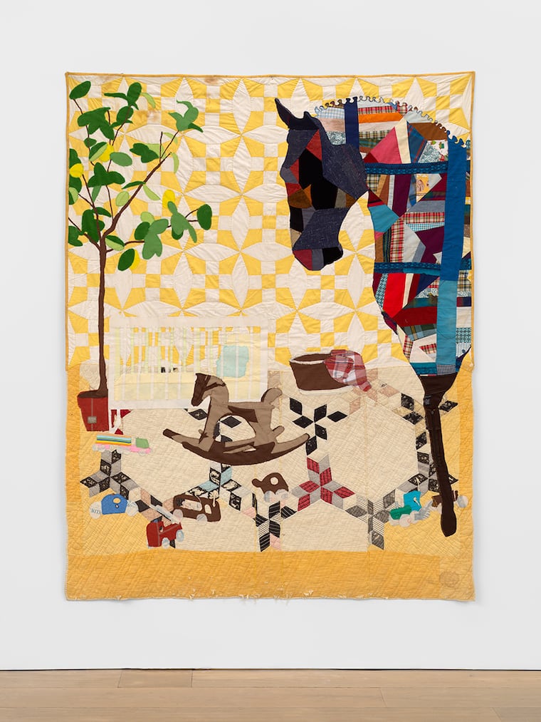 Jesse Krimes, "Florence," 2021. Antique quilt, used clothing collected from
incarcerated people, assorted textiles
89 x 65 1/2 inches. © Jesse Krimes.