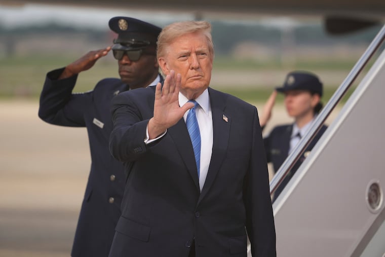 President Donald Trump waves after arriving off Air Force One, Friday, Aug. 28, 2026, at Joint Base Andrews, Md. He announced a deal with the Venezuelan government for the U.S. to control and develop its oil reserves.