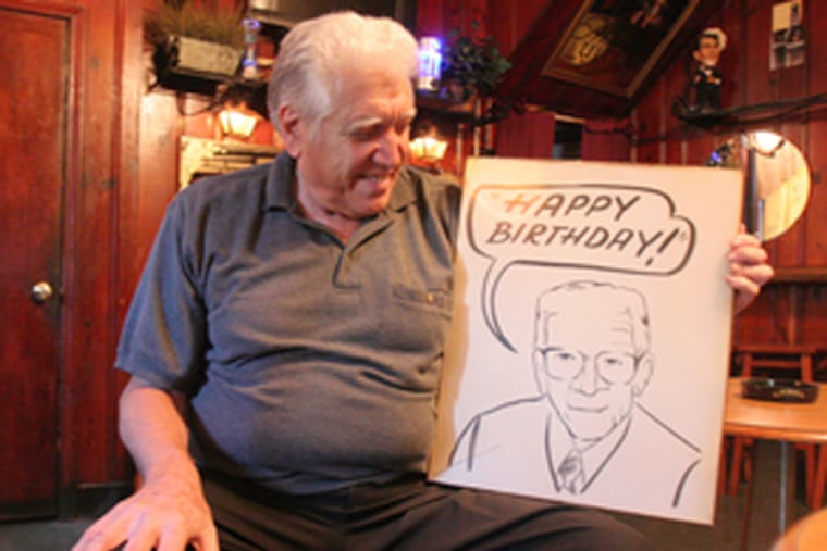 Lou Capozzoli with a drawing of his father, Anthony "Ray" Capozzoli, who opened Ray's Happy Birthday Bar in South Philadelphia in 1938. Anthony Capozzoli died in 1998 at age 87. (File: KEVIN COOK/Inquirer)