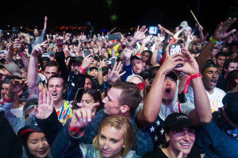 The crowd dances during Kaskade's set at the Liberty stage at the Made in America Festival, Sept. 2, 2017.