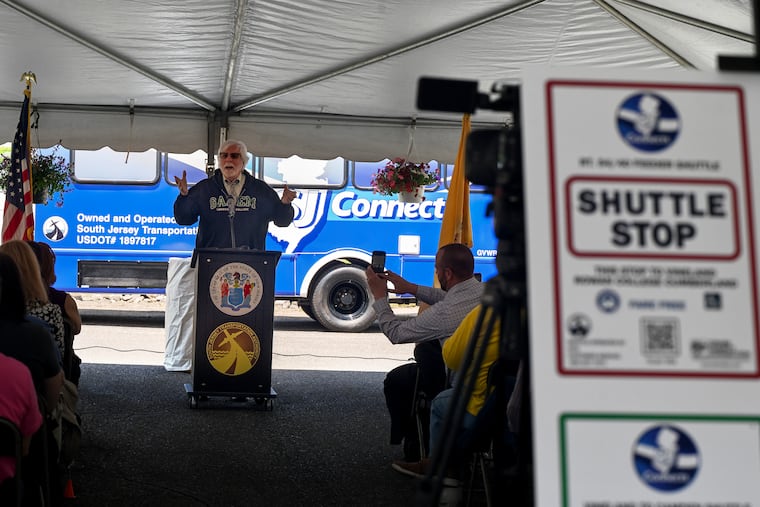 Michael Gorman, president of Salem Community College, speaks during the event to launch SJ Connects at the Frank A. Farley Service Area on the Atlantic City Expressway.