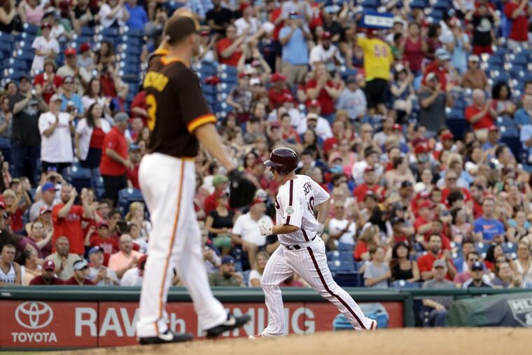 The Phillies' Tommy Joseph rounds the bases after hitting a home run off San Diego Padres starting pitcher Clayton Richard in July.