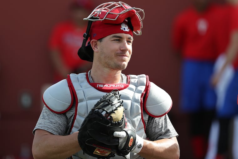J.T. Realmuto pauses during a workout at the Phillies' training facility in Clearwater, FL on February 11, 2020.