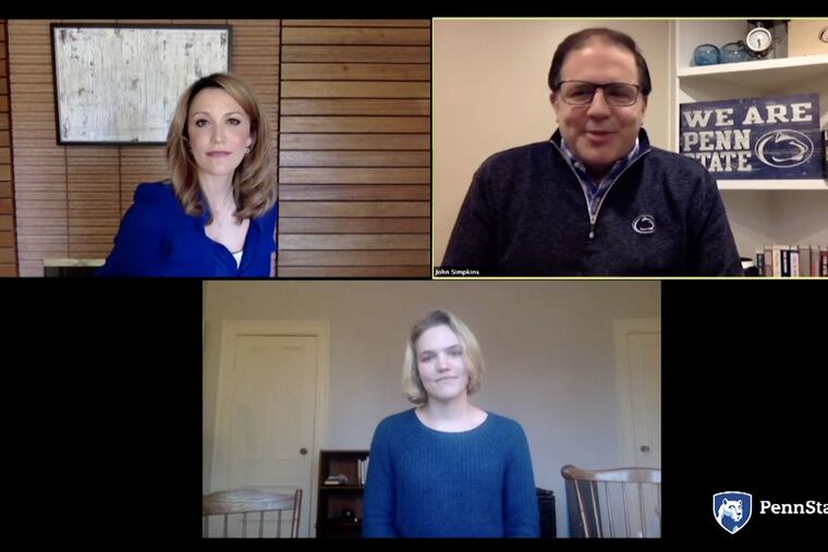 Penn State alumna Caroline Bowman (upper left), John Simpkins, head of muscial theatre at Penn State, and senior Murphy Smith talk during Thursday's virtual performance. Bowman and Smith performed songs.