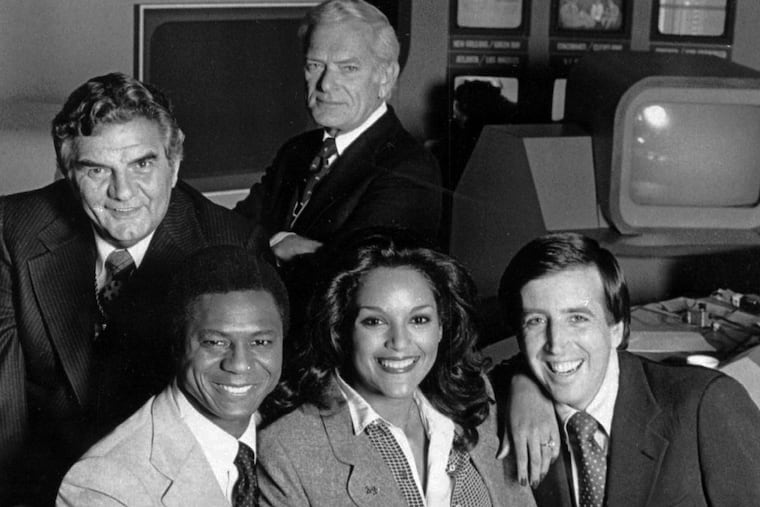 (Clockwise, from left) Jimmy "The Greek" Snyder, Jack Whitaker, Brent Musburger, Jayne Kennedy, and Irv Cross.