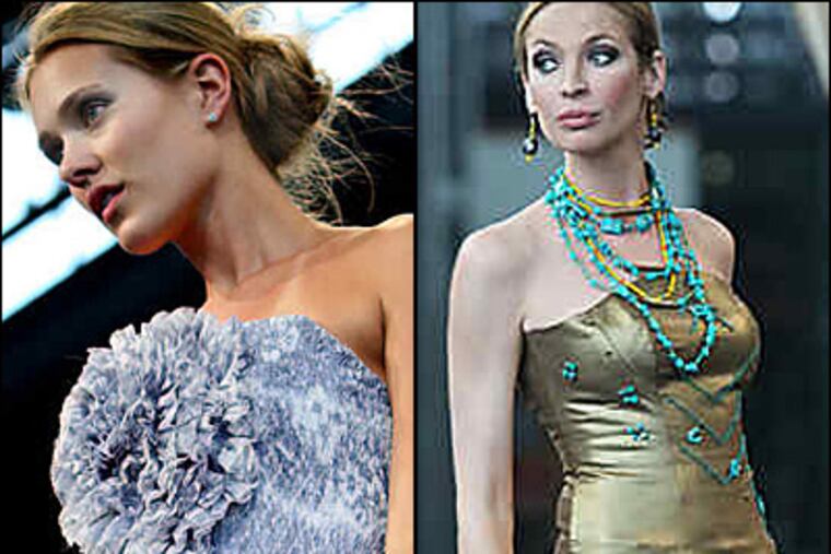 A close up of Jingjing Liu's blue top with flower detail. At right, senior Sara Juran's beaded gold tube top and yellow cuffed pant. (David M Warren / Staff)