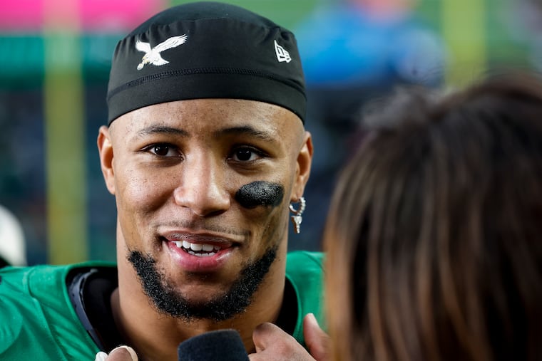 Eagles running back Saquon Barkley is interviewed after the 41-7 rout of the Dallas Cowboys at Lincoln Financial Field on Sunday.