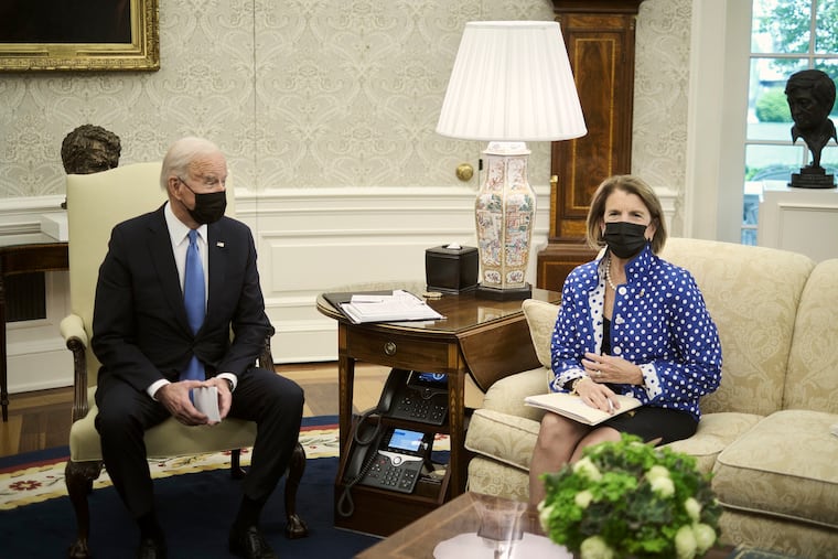 Sen. Shelley Capito (R., W. Va.), right, listens during a meeting with a group of Republican senators to discuss the administration's infrastructure plan in the Oval Office at the White House on May 13.