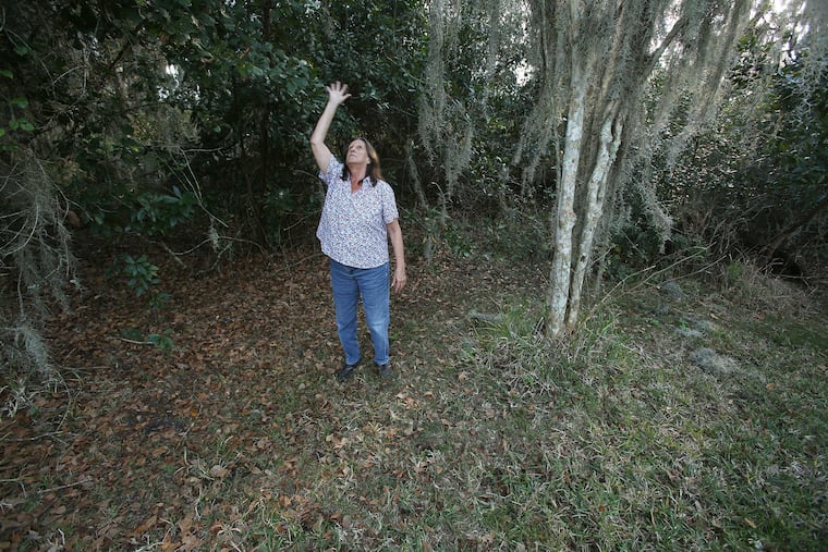 Trish Bishop shows the spot in the backyard of her Kissimmee, Fla., home on February 1, 2019, where she claims to have witnessed an alien and UFO hovering 10 feet above the ground in March 2013. (Rich Pope / Orlando Sentinel / TNS)