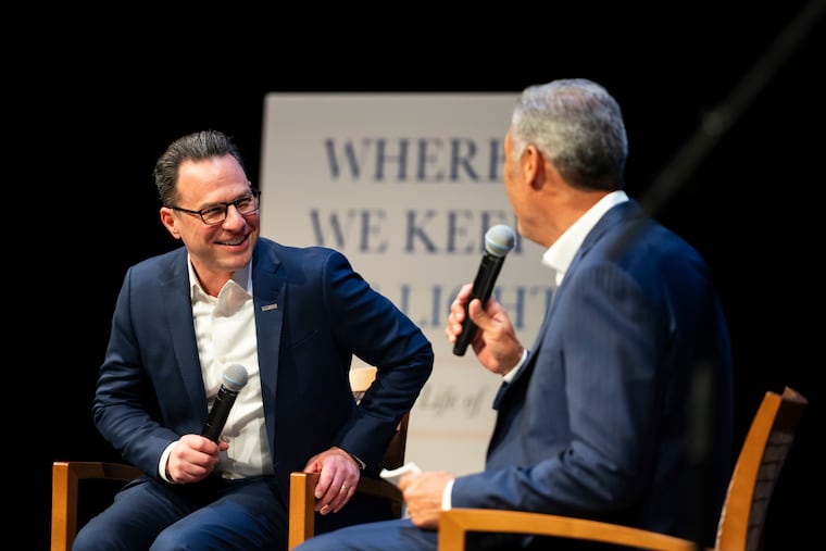 Gov. Josh Shapiro (left) discusses his new book, "Where We Keep the Light," with Jay Wright, former head men’s basketball coach at Villanova University on Saturday, Feb. 28, 2026.