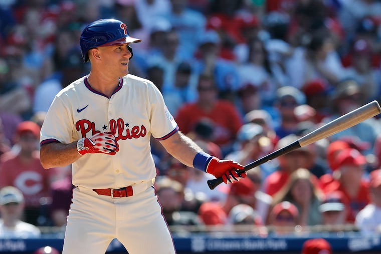 Phillies catcher J.T. Realmuto at bat against the Cincinnati Reds on Saturday. His last home run came on May 21 in Colorado.