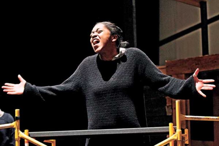 Ebony Rhodes, in the role of the Reverend Hightower, belts out her song during rehearsal. Germantown Academy in Fort Washington brings in the original producer of the off-Broadway musical Bat Boy to lead a master class in preparation for the school's spring production of the cult show. 02/25/2014 ( MICHAEL BRYANT / Staff Photographer )