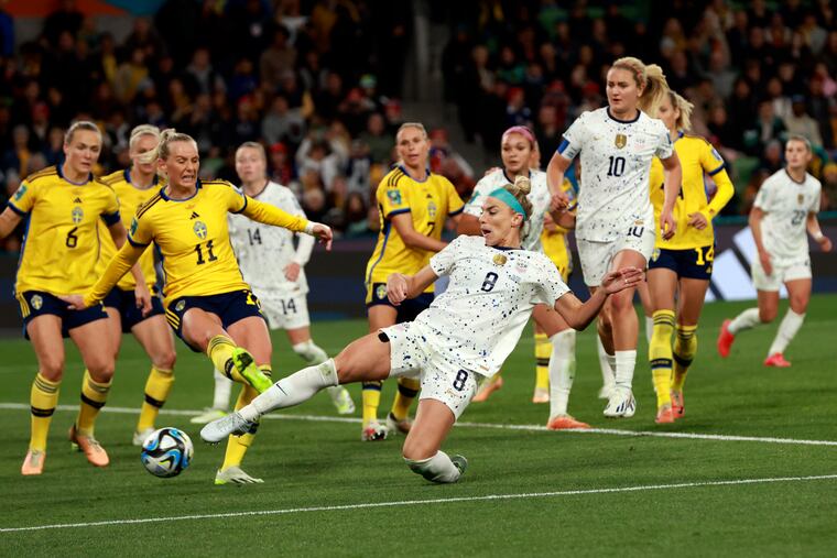 The United States' Julie Ertz controls the ball during the women's World Cup round of 16 soccer match against Sweden on Aug. 6.
