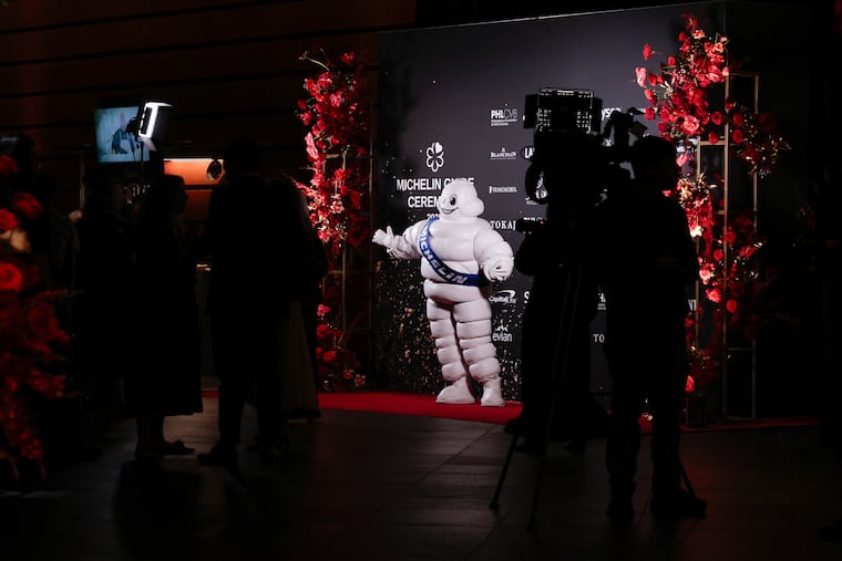 The Michelin Man, Bibendum arrives for the Michelin Guide announcements at the Kimmel Center Tuesday, Nov. 18, 2025, in Philadelphia.