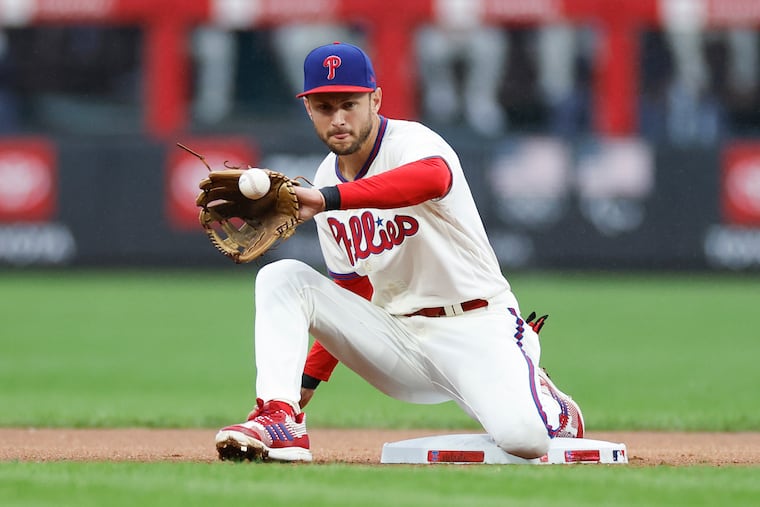 Phillies shortstop Trea Turner had to leave in the seventh inning in the second of Saturday's two-game doubleheader series with the Mets due to a bruised elbow.
agcatches the baseball during a New York Mets steal attempt on Saturday, Sept. 23, 2023 in Philadelphia.