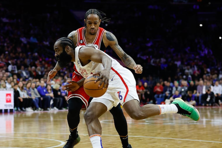 Sixers guard James Harden, dribbling against Bulls guard DeMar DeRozan on Monday, will miss his second consecutive game Friday.
