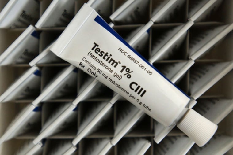 Tubes of Testim testosterone gel are seen at the Auxilium Pharmaceuticals Inc. packing facility in Norristown, Pa., Friday May 16, 2003. The gel is aimed at alleviating low energy levels and loss of sex drive, strength and bone density that can affect men with declining testosterone levels, while avoiding some problems that testosterone injections or patches can involve. (AP Photo/Jacqueline Larma)