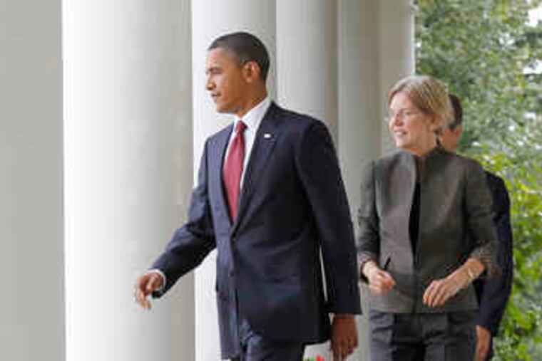 President Obama and Elizabeth Warren , who will oversee creation of the Bureau of Consumer Financial Protection.