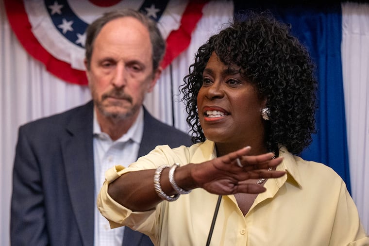 Mayor Cherelle L. Parker at City Hall on Thursday, June 4, 2026 after City Council rejected most of her tax proposals for the city budget. With her is Rob Dubow, the city’s finance director.