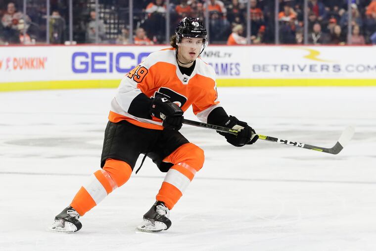 Flyers left wing Joel Farabee, skating against the Columbus Blue Jackets on Oct. 26.