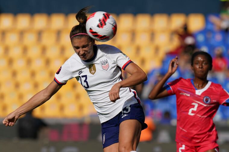 Alex Morgan (left) goes for a header during the U.S. women's soccer team's game against Haiti on Monday.