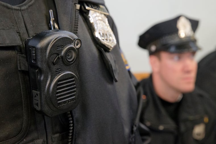 The body-worn camera of a Philadelphia police officer during a demonstration at the 22nd District.