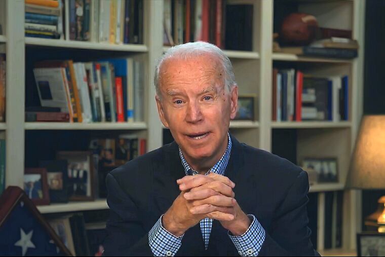 In this image from video provided by the Biden for President campaign, former Vice President Joe Biden speaks during a virtual press briefing Wednesday.