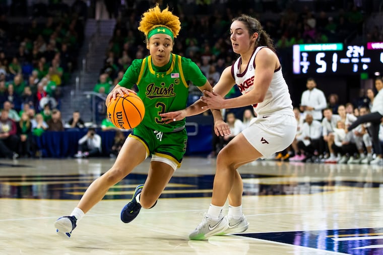 Notre Dame guard Hannah Hidalgo drives on Virginia Tech's Georgia Amoore during their game on Feb. 29. Hidalgo, a South Jersey native, was a first-team All-American, while Amoore made the third team.