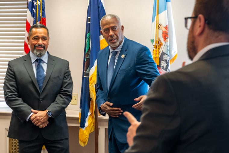 Camden's new state-appointed school Superintendent Alfonso Q. Llano Jr. (left) is with Mayor Victor Carstarphen as he makes his rounds Wednesday, Jan. 21, 2026 at City Hall, meeting with other city, county and state officials. Currently the Vineland schools chief, Llano doesn't officially begin in Camden until March.