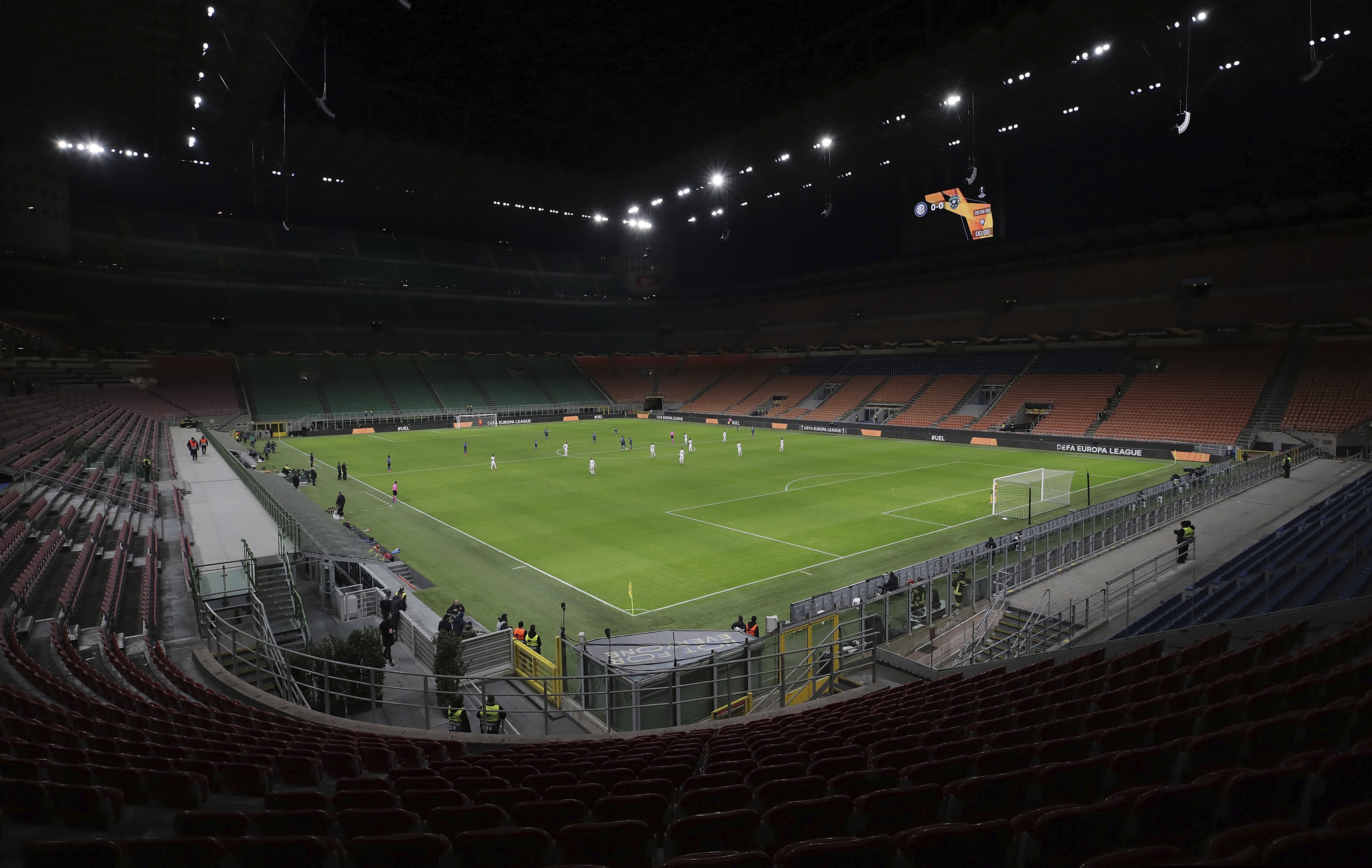 The seats are empty as a precaution against the coronavirus at the San Siro stadium in Milan, Italy.