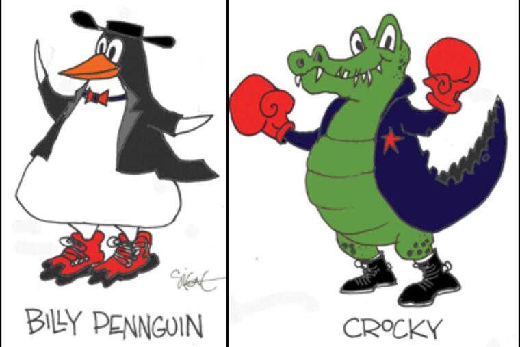 Billy Penguin and Crocky, as drawn by Daily News cartoonist Signe Wilkinson. Both are alternative ideas to the three options offered by the Sixers.