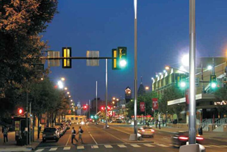 Artist's idea of stainless-steel lamps to run 2 1/2 miles north up the street's center, set for 2012. "The ultimate goal," said an official, "is to invigorate North Broad."