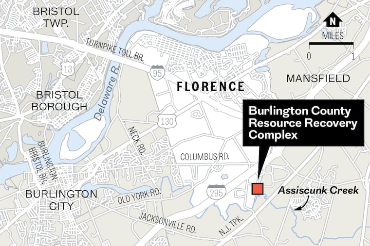 A map of a wastewater spill at Burlington County Resource Recovery Complex and Assiscunk Creek in Florence Township.