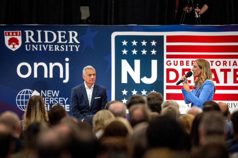 The New Jersey candidates for governor, Democrat Mikie Sherrill (right) and Republican Jack Ciattarelli (left), debate on Sunday, Sept. 21 at Rider University.