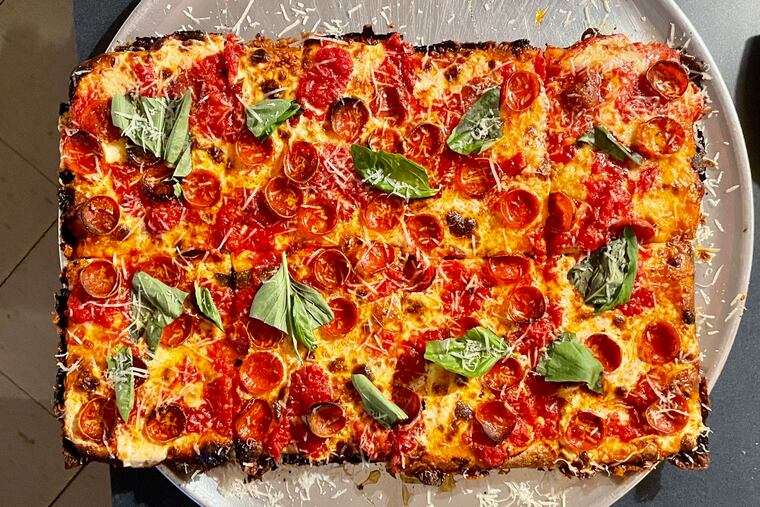 The Grandma pie with pepperoni and hot honey at Johnny's Pizza in Bryn Mawr is a customer favorite.