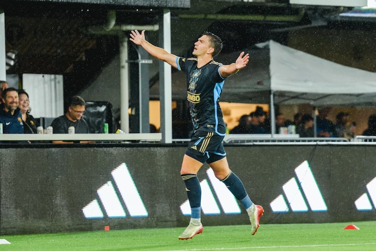 Mikael Uhre celebrates one of the Union's six goals against D.C. United on Saturday.