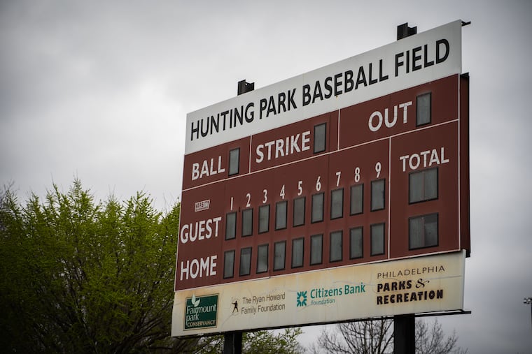 The scoreboard at Hunting Park Baseball Field on March 25.