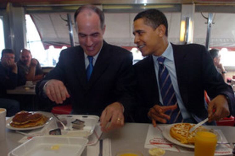 Sen. Bob Casey of Pennsylvania joins Obama for breakfast at the Glider Diner in Scranton. The Illinois senator started his day with waffles, sausage and orange juice.