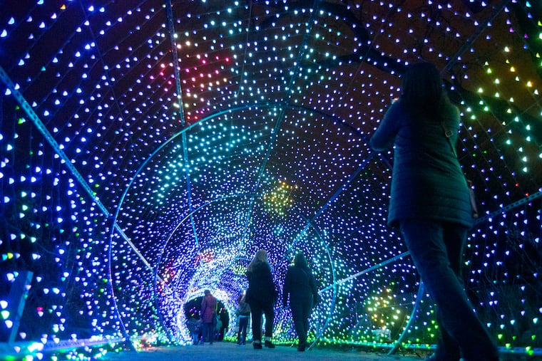 Guests walk through the Philadelphia Zoo's LumiNature holiday light show on Dec. 8, 2022. The event has kept admission prices steady this year despite rising costs.
