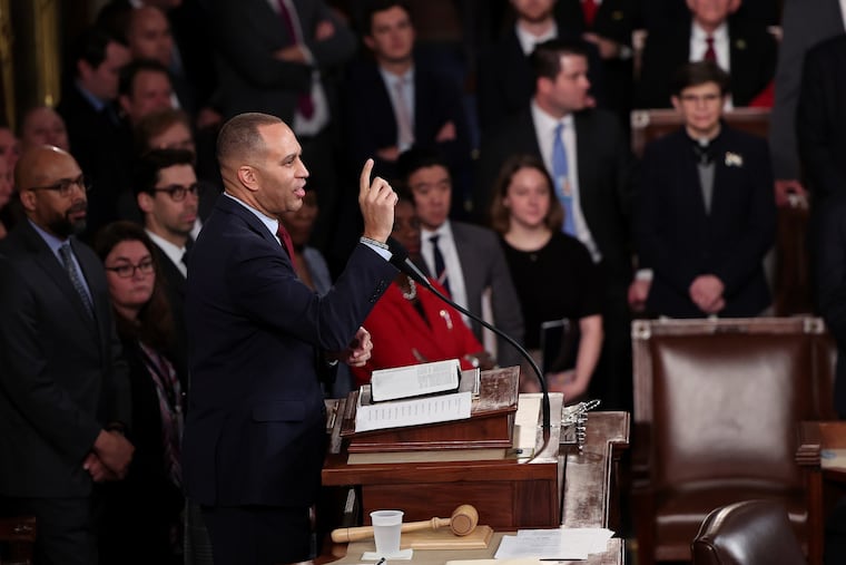U.S. House Democratic Leader Hakeem Jeffries (D., N.Y.) delivers remarks after House Republican Leader Kevin McCarthy (R., Calif.) is elected speaker of the House Saturday.