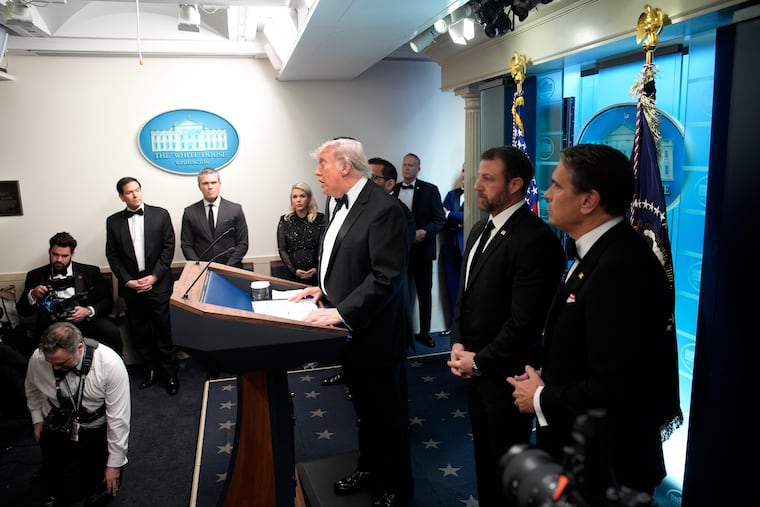 President Donald Trump makes remarks at the White House after shots were fired at the White House correspondents’ dinner on April 25.