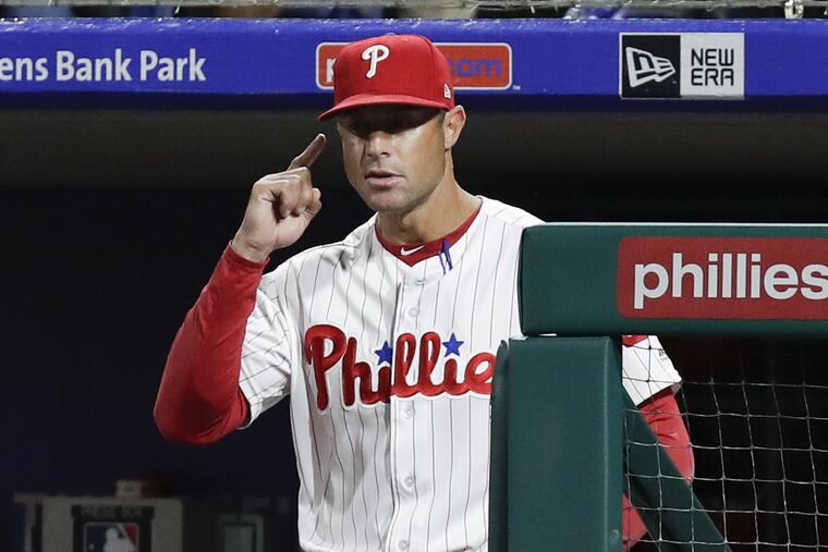 Phillies manager Gabe Kapler points against the Miami Marlins on September 14, 2018.