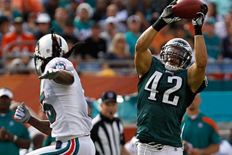 Kurt Coleman intercepts a pass from Matt Moore in the second quarter. (Ron Cortes/Staff Photographer)