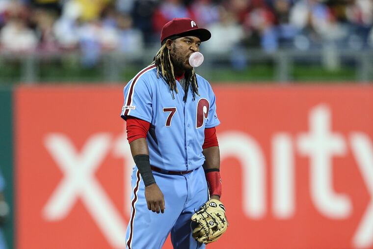 Third baseman Maikel Franco shows his frustration during the Phillies' 10-inning, 3-1 loss to the Marlins on Thursday night at Citizens Bank Park.