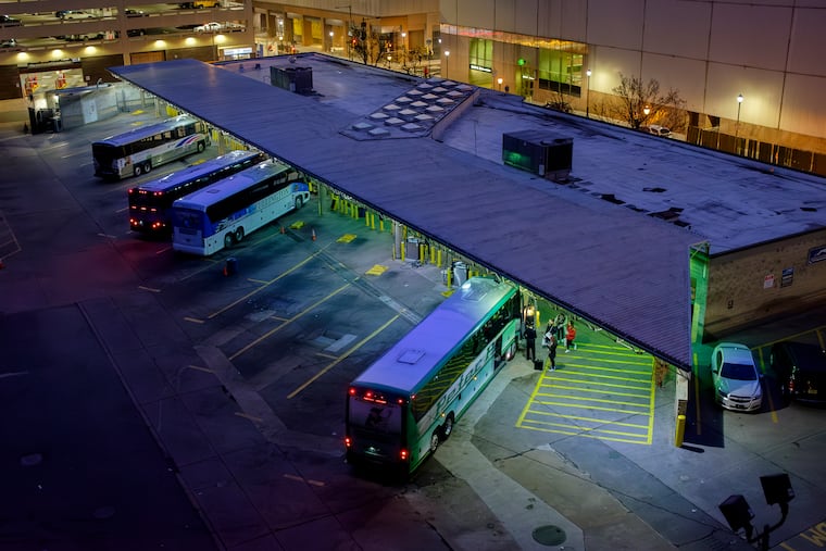 Buses docked at the Filbert Street Greyhound terminal in 2018.