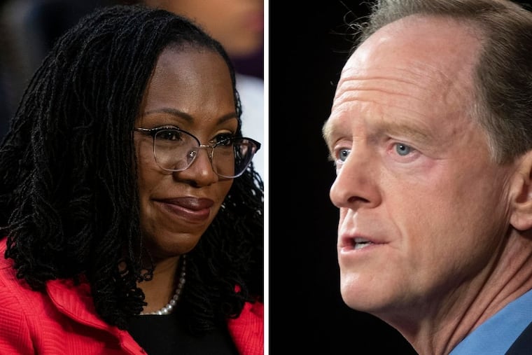 Supreme Court Judge Ketanji Brown Jackson (left) and Pennsylvania Senator Pat Toomey (right).