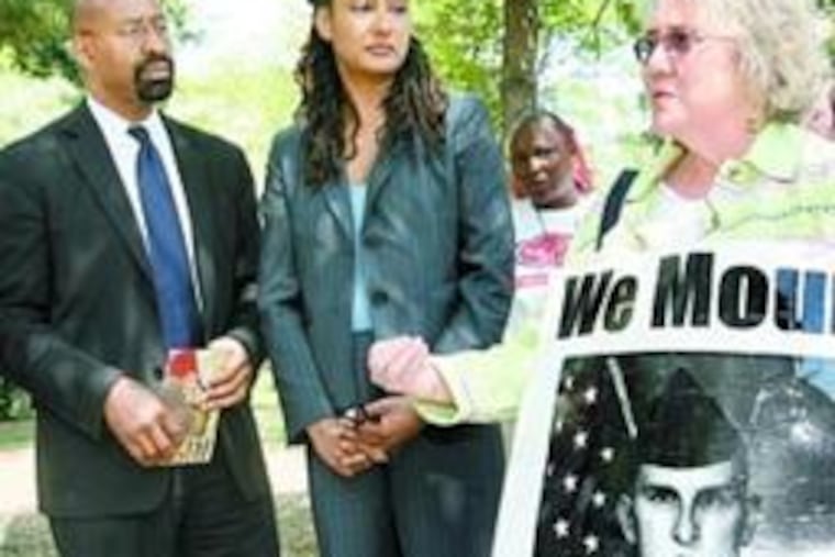 Michael Nutter and his wife, Lisa, listen at a small Mother's Day peace rally yesterday in East Falls. Celeste Zappala (right) was there to honor her son, Sgt. Sherwood Baker of Philadelphia, who was killed in Iraq in 2004.