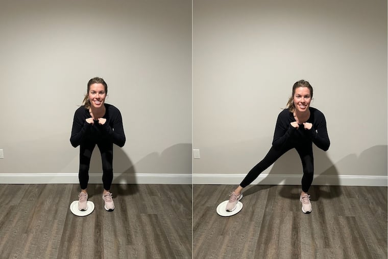 Demonstrating the speed skater move.