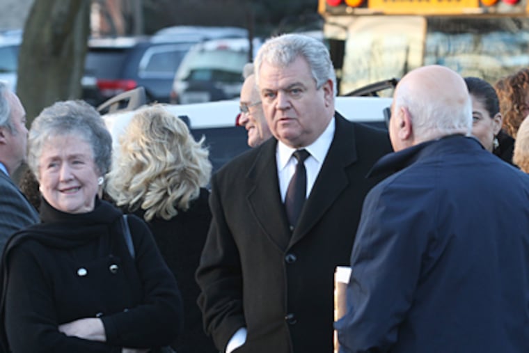 A host of politicians and public figures including U.S. Rep. Bob Brady (center) attended the viewing for John F. McNichol, a longtime GOP boss in Delaware County, who died Sunday. "He was the ultimate behind-the-scenes politician," Brady said. "He was the go-to guy." (Charles Fox / Staff Photographer)
