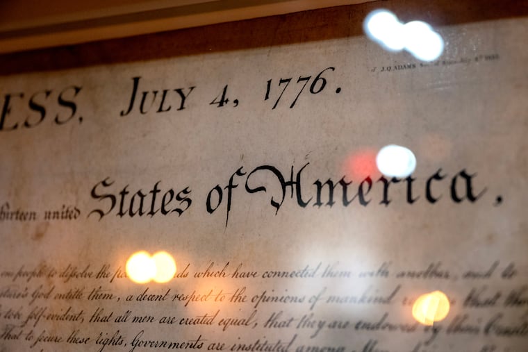 Detail on display at the National Constitution Center March 1, 2026, an original 1833 printing of the Declaration of Independence, by Peter Force, created from the 1823 W. J. Stone plate commissioned by Congress for the 50th anniversary of the Declaration of Independence. For 250th photo project of brief bios and little known facts of each of our local Pennsylvania, Delaware and New Jersey men who were in the room when America was born in 1776.